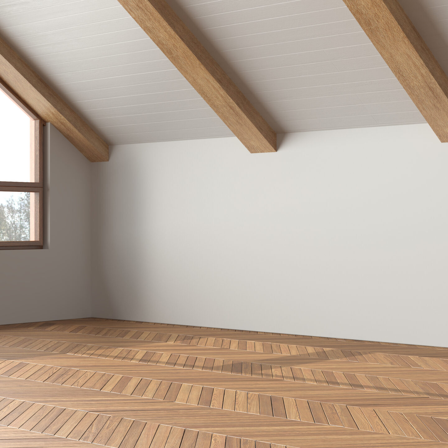 Empty room interior design, open space with parquet floor, wooden sloping ceiling and panoramic window, white walls, modern japandi architecture concept idea